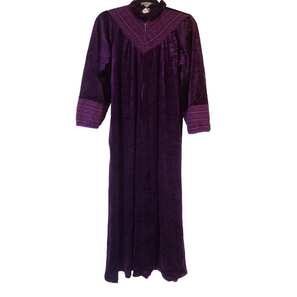 Vintage Lois‎ Martin night gown size Large velvet purple bell sleeve lace trim